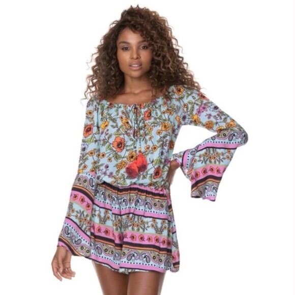 Maaji Revolve Calix Bell Sleeve Romper Shorts Boho Floral Print Size Large Women - Picture 1 of 16
